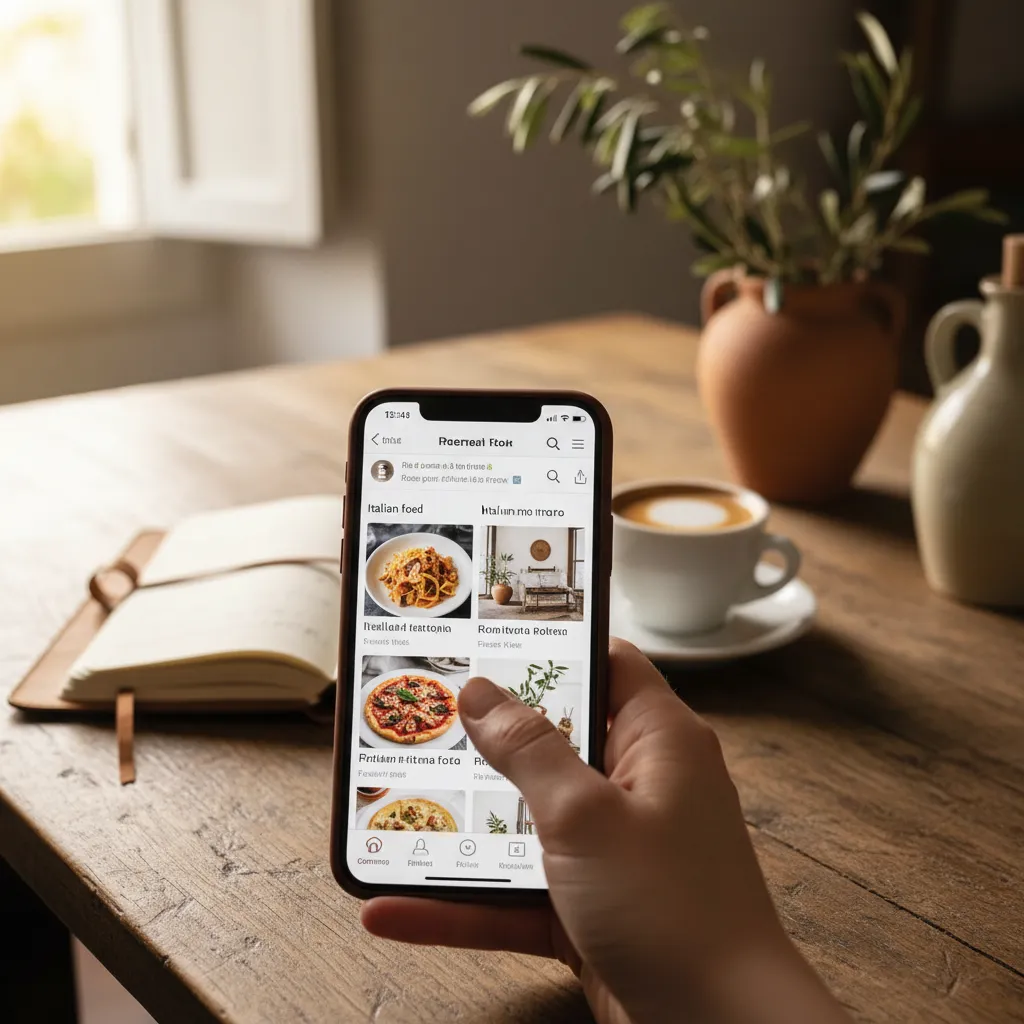 L'app Pinterest aperta con risultati di ricerca in italiano su food e home decor