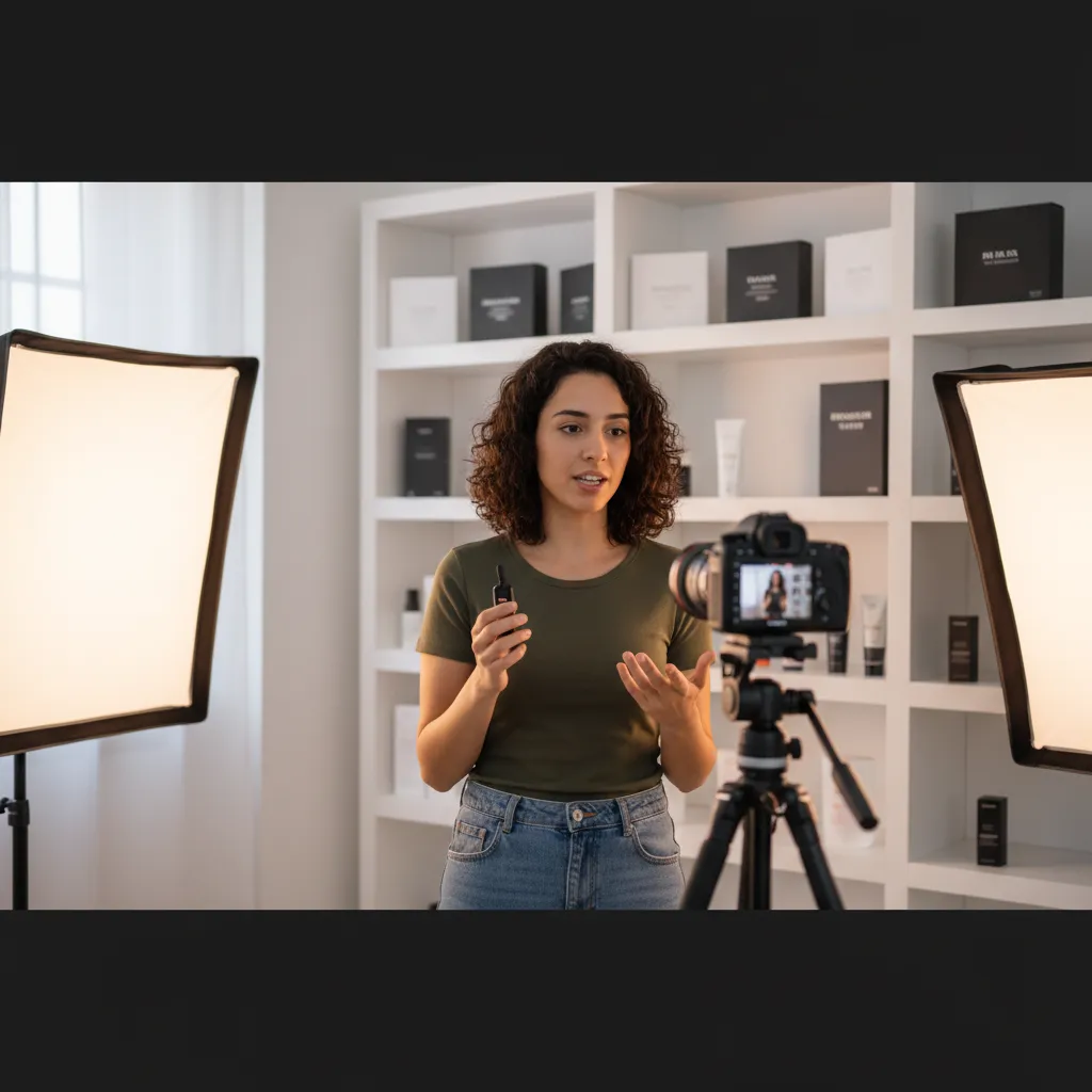 Una creator italiana durante la registrazione di un video con integrazione di prodotti per una collaborazione brand