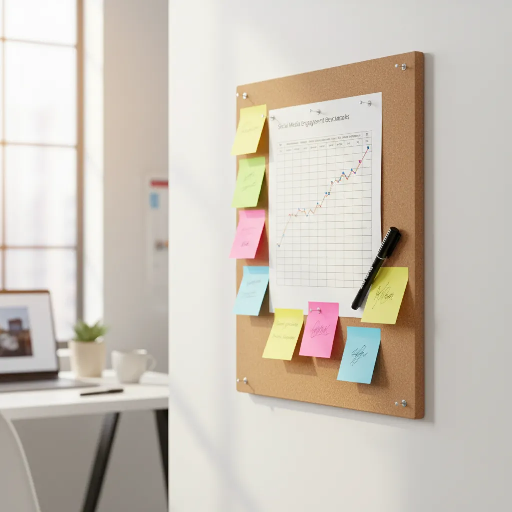 Tabella dei benchmark di engagement rate stampata e affissa in ufficio per consultazione rapida