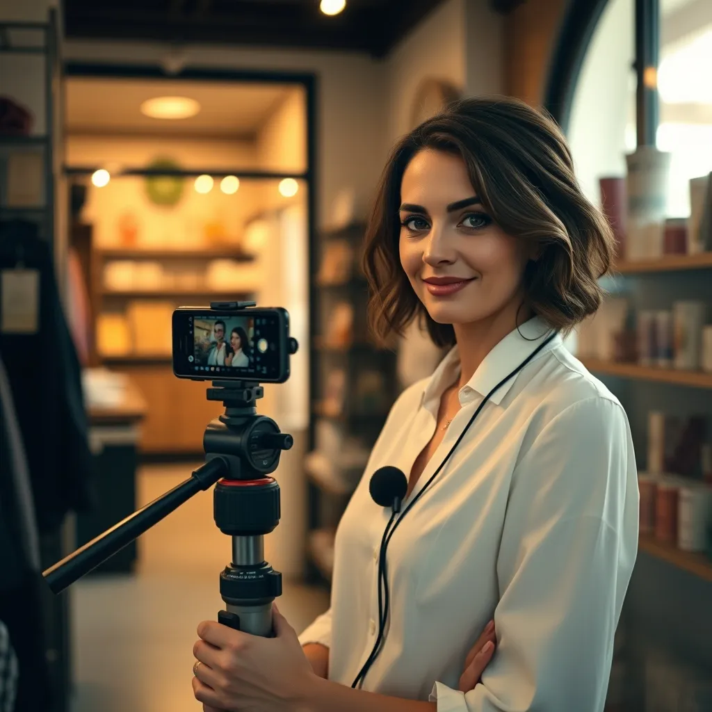 Imprenditrice italiana che registra un video promozionale con smartphone e microfono da bavero nel proprio negozio