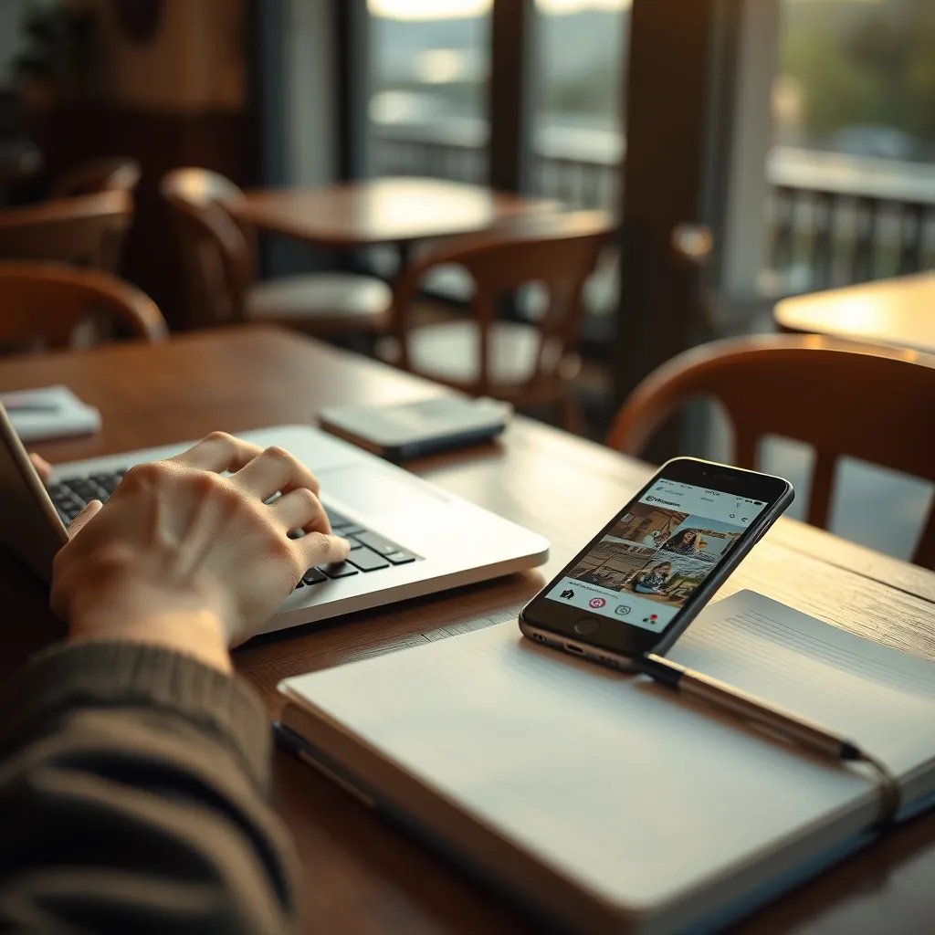Pianificazione dei contenuti social tra laptop, smartphone e appunti strategici