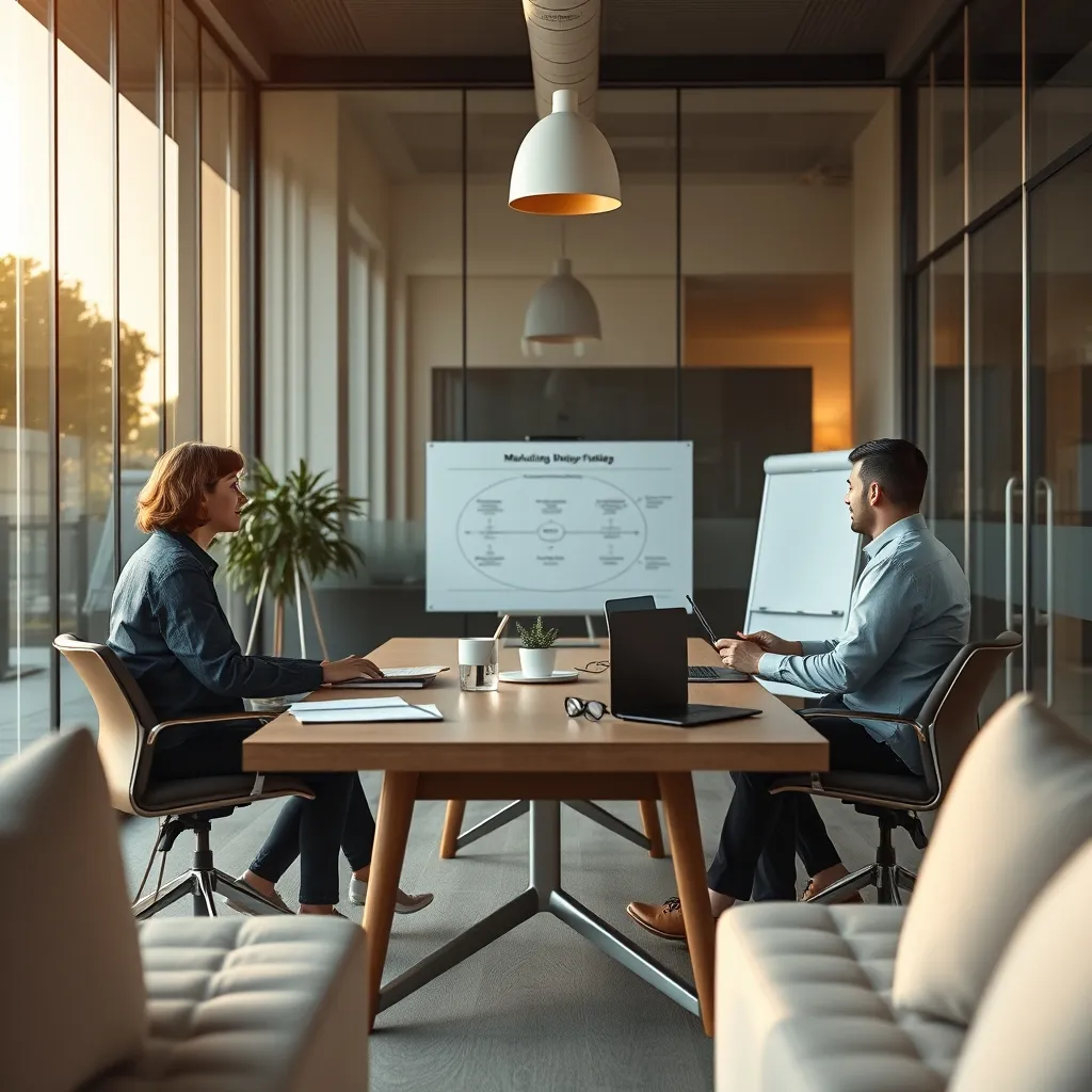 Riunione strategica di un team digital con la mappa del funnel di marketing
