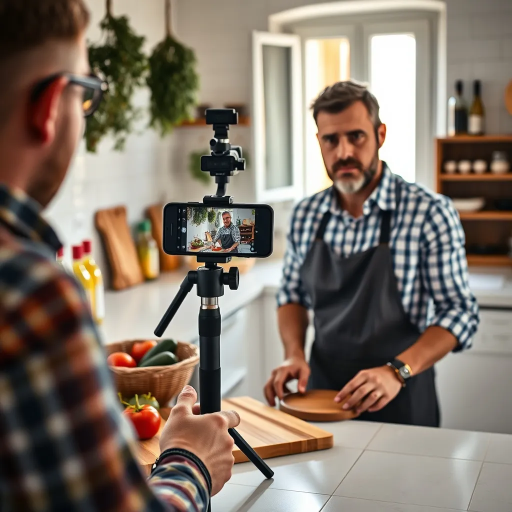 Registrazione di un contenuto di cucina con smartphone montato su treppiede