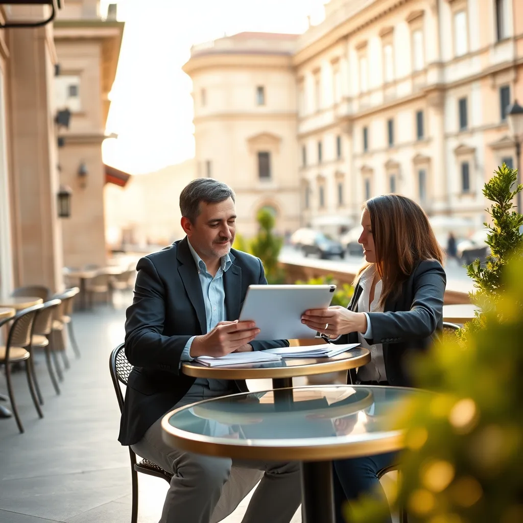 Incontro tra imprenditore e consulente social in un caffè romano per definire la strategia