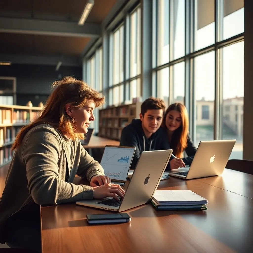 Studenti del corso analizzano dati di marketing digitale nella biblioteca del campus